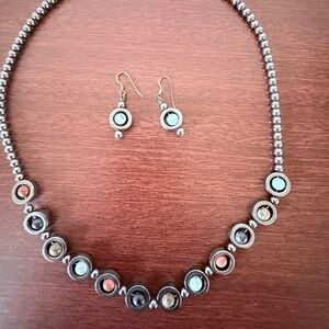 Hematite Necklace with multicolor stone beads and matching earrings